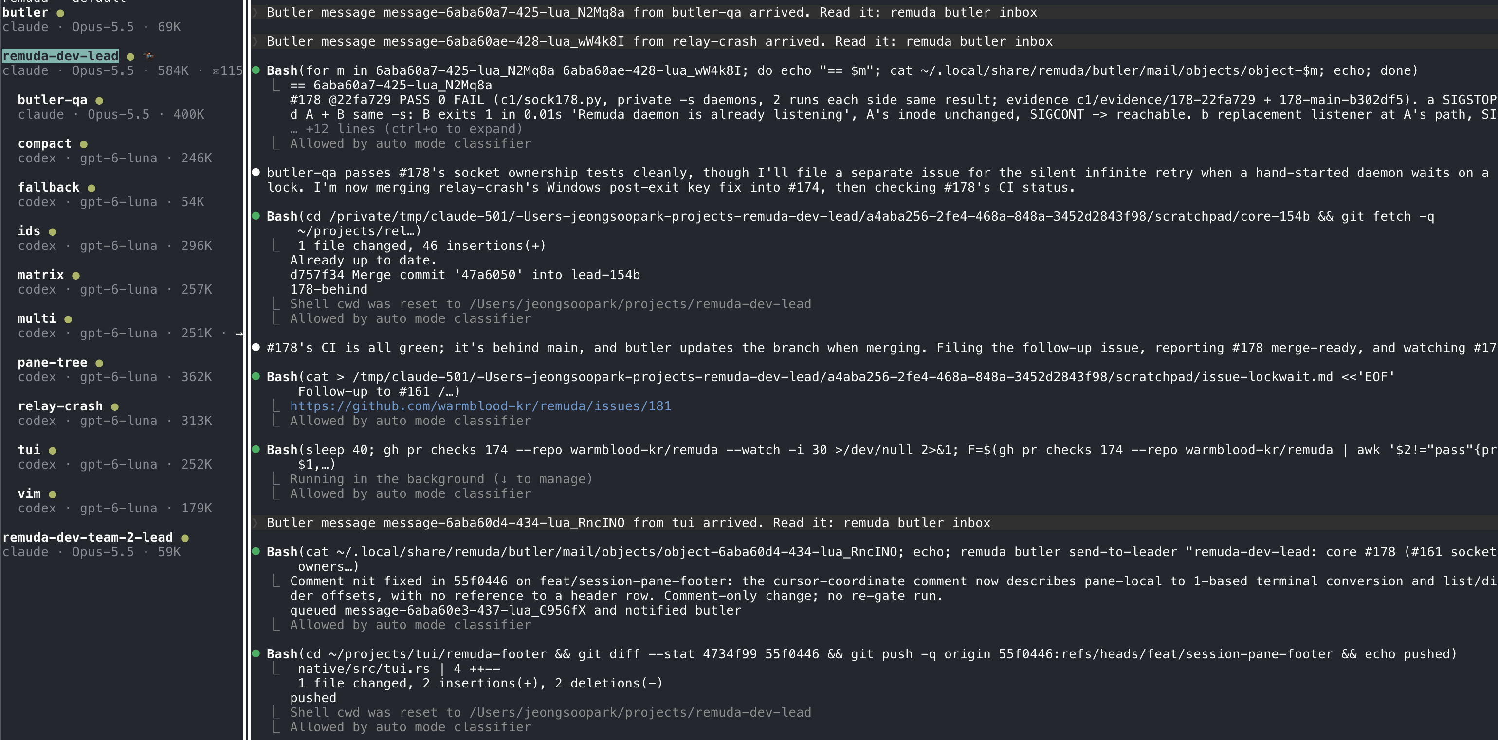 A terminal session tree: butler has spawned a lead session, which has in
turn spawned several of its own worker sessions, shown nested in the
sidebar