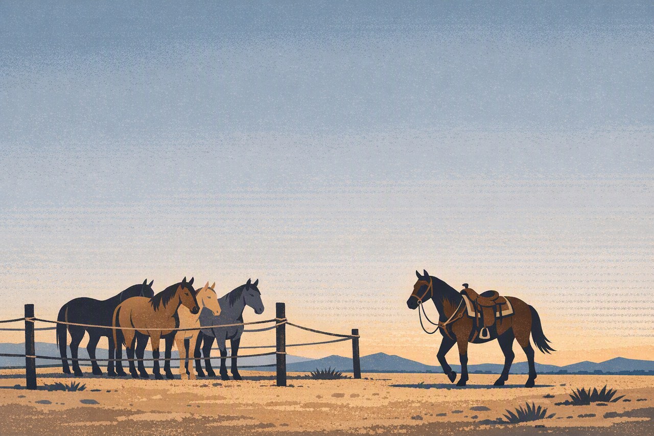 A small herd of horses waiting in a rope corral at first light, with one
already saddled and stepped forward